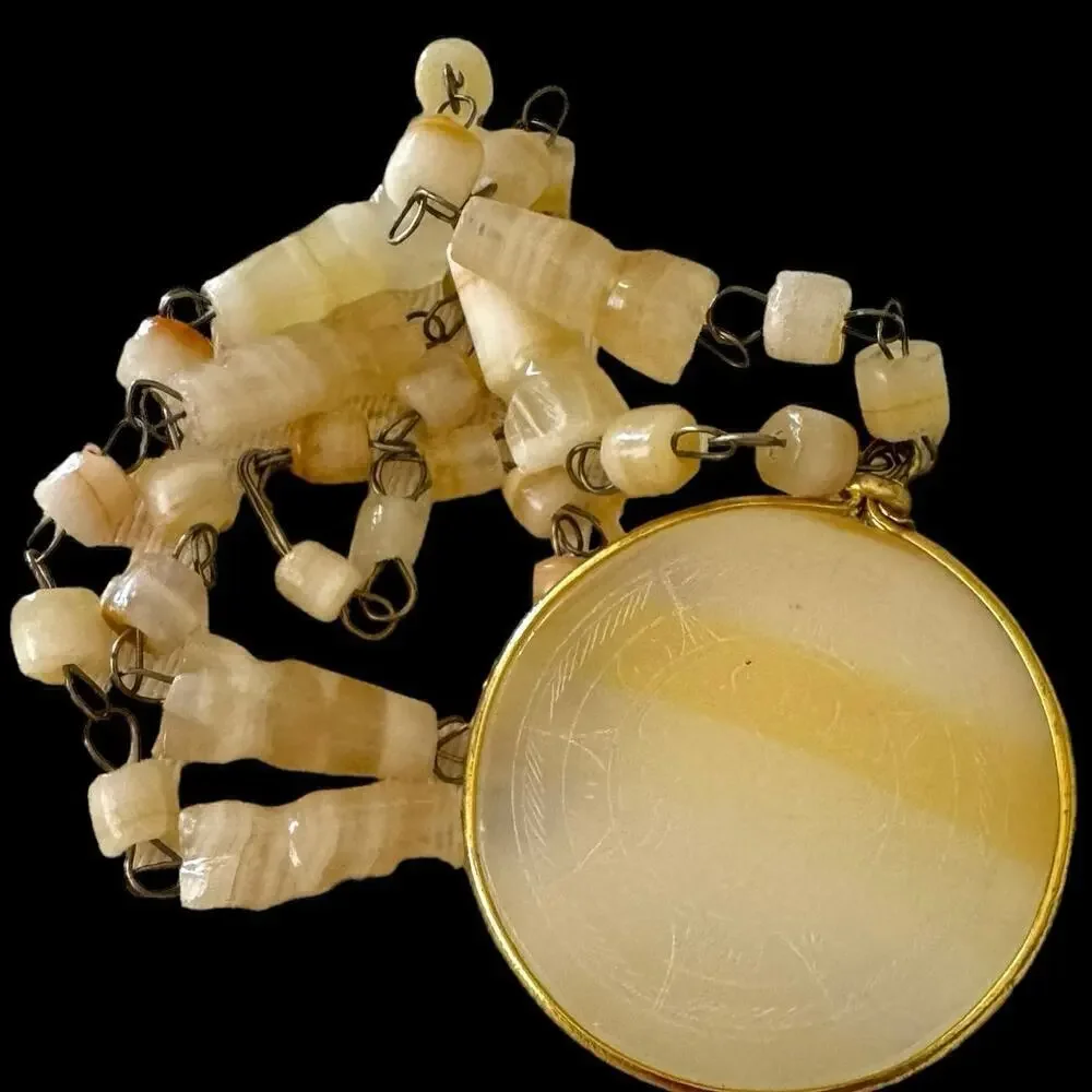 Vintage Carved Aztec Sundial Pendant Mexican Sun White Agate Etched Necklace